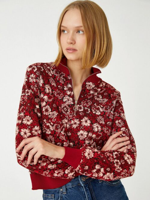 Jacquard Floral Sweater Half Zipper
